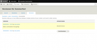 Screenshot, auf der die Übersicht der Versionen sichtbar ist.